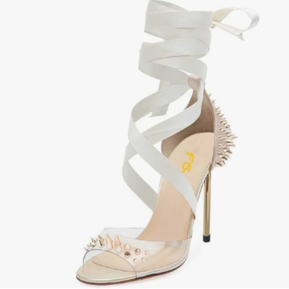 FSJ Grey High Heel Ankle Strap Sandals Pointed Toe Rivets Pumps PVC Club Shoes